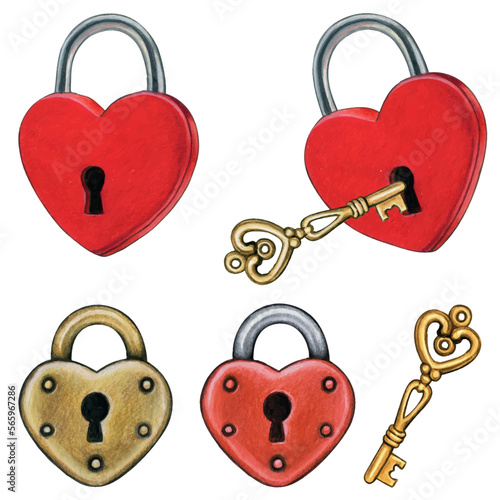 watercolor hand drawn heart shaped locks and keys