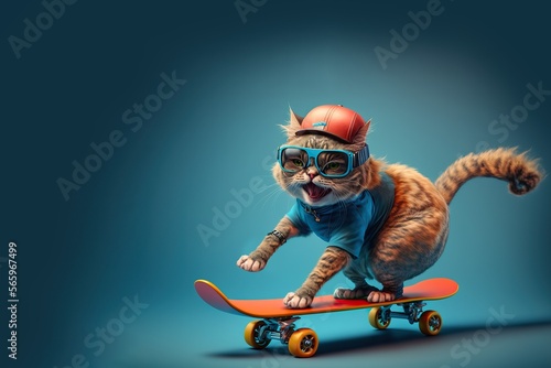 Funky cool cat skateboard isolated on blue background  Generative AI 