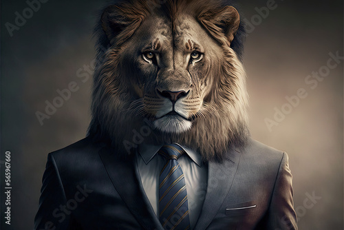 Portrait of a lion dressed in a formal business suit, generative ai