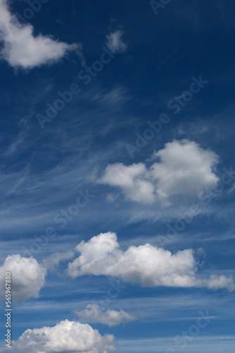 Blue sky with clouds. Spring or summer background. 
White clouds on the blue sky have a complex pattern.
