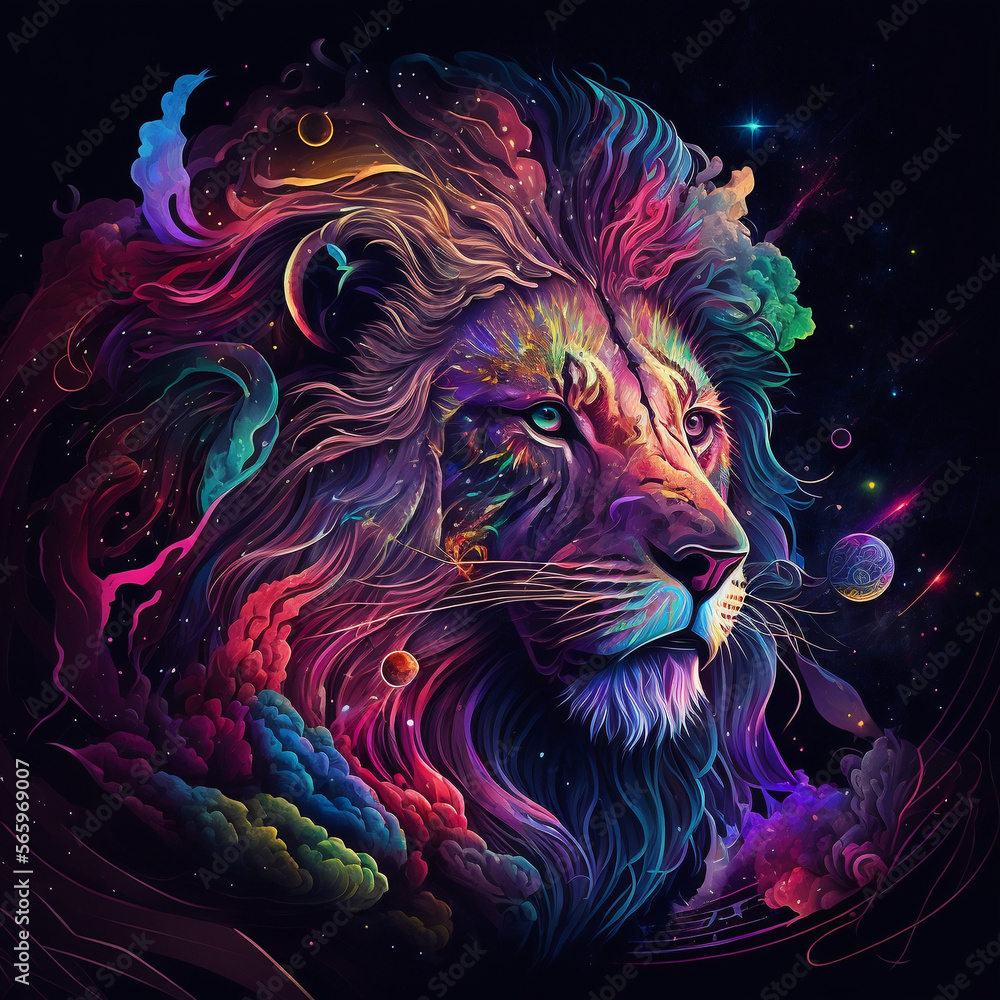 lion in the sky, colorful vibrant abstract universe illustration, generative ai