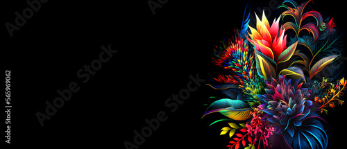 Colorful tropical flowers on black background. generative Ai © Areerat