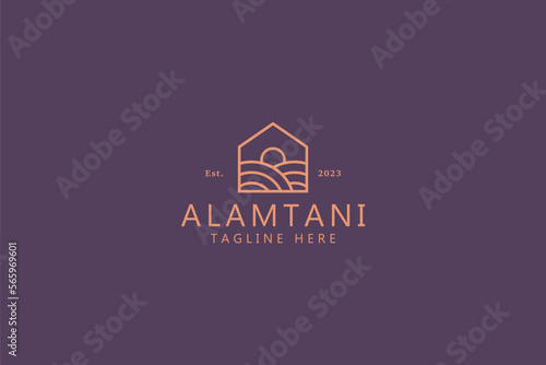 Village Home Farm Field and Sunrise Illustration. Nature Scene on The Frame Shape House.