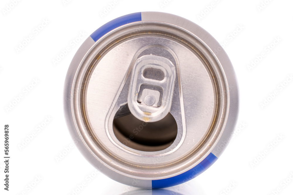 One empty metal can, macro, isolated on white background. One empty metal can, macro, isolated on white background.