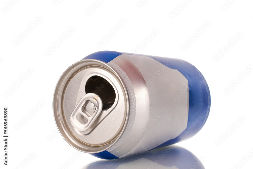 One empty metal can, macro, isolated on white background. One empty metal can, macro, isolated on white background.