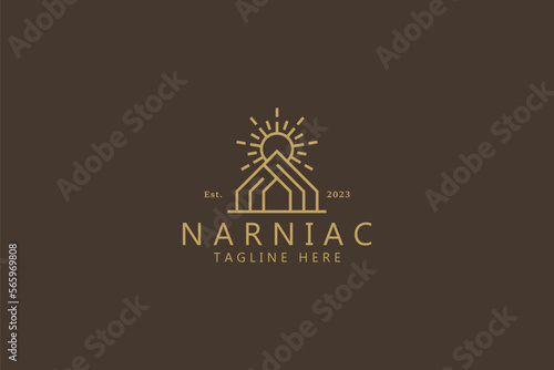 Unique Abstract Home and Sun Shape for Cozy Warm Concept Rural Property Logo.