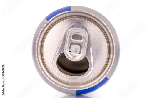 One empty metal can, macro, isolated on white background.