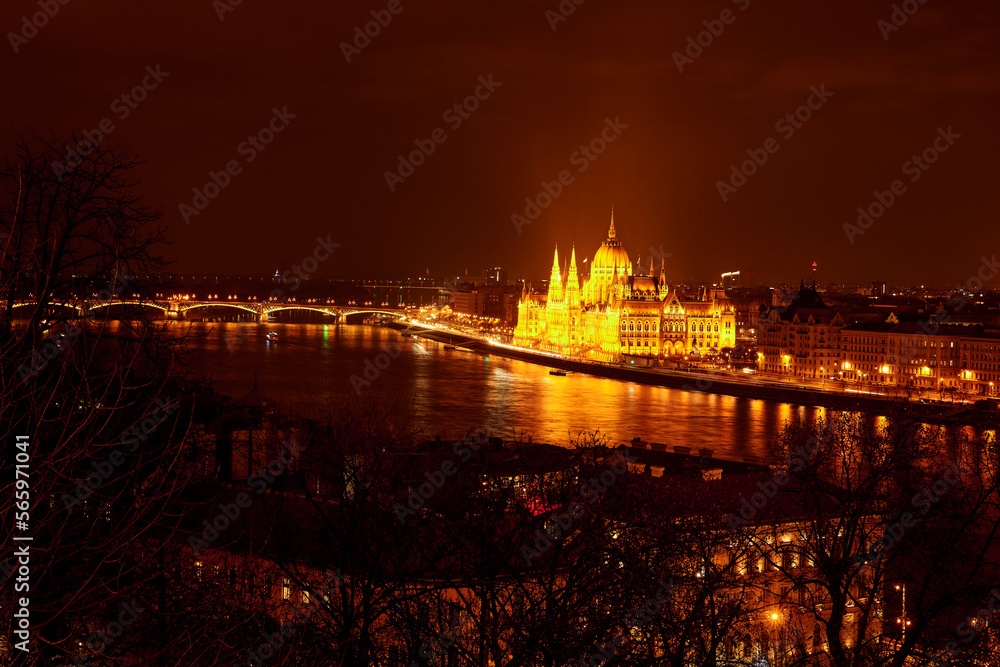Scenic view of the beautiful Hungarian capital city Budapest seen during the night