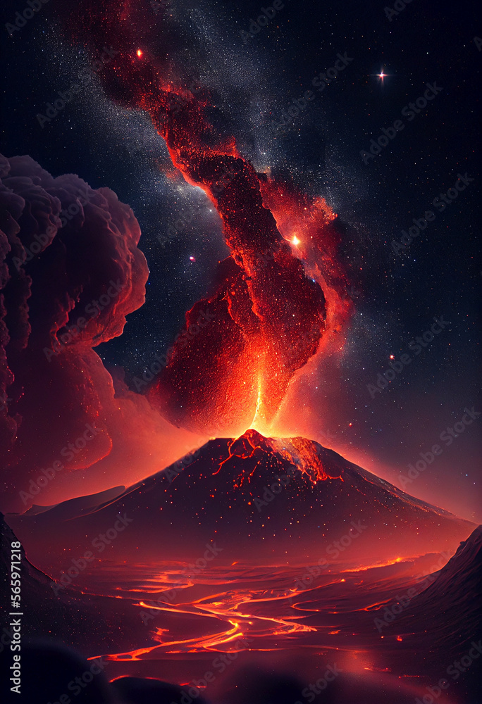 AI generated volcanic lava eruption at starry night - erupting volcano ...