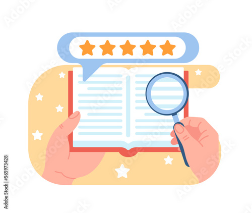 Book review. Literary rating. Ranking satisfaction stars. Hands with magnifier and textbook. Readers feedback. Bookstore service. Literature search. Publication assessment. Vector concept