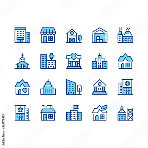 Buildings line icons. Set of buildings icons. Blue color. Vector line icons set
