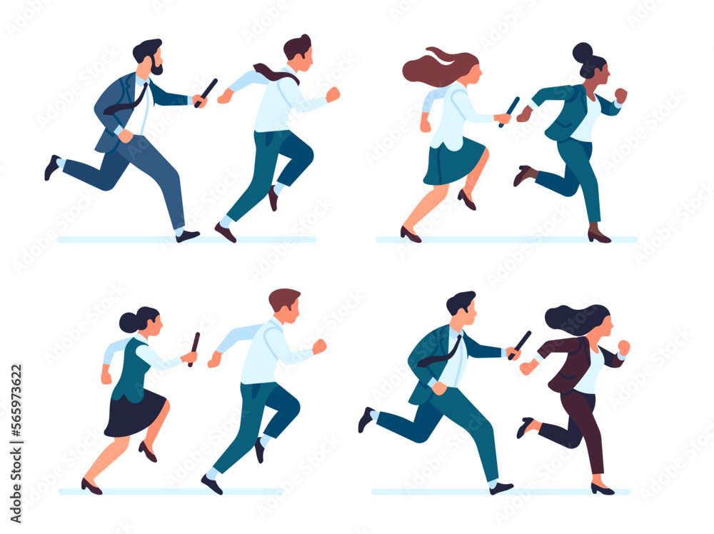 Businessman passes baton to his colleague in relay race. Business group competition. Employees partnership. Running men and women with sticks. Sprinting people. Vector office workers set