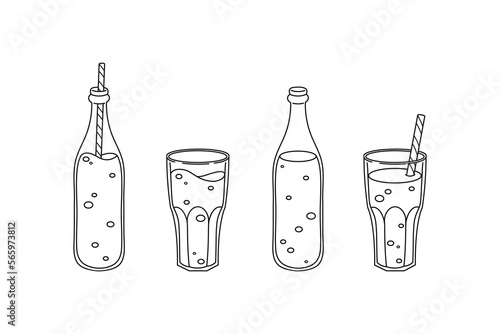 Set of cute hand drawn soft soda drink bottles and glasses. Vector line illustration. Collection of graphic elements for packaging, print, card, fabric, label, wallpaper, textile, wrapping paper, gift