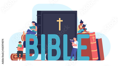 Christian men and women read Bible and learn about Christ. Prayers group study religious literature. Orthodox and Catholic religion. Christians spirituality education. Vector concept