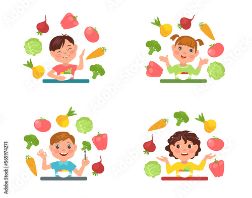 Cute kids eat salad. Children with plates, healthy natural foods, vegetables and fruits, little boys and girls at tables. Dairy vegetarian meal splendid vector cartoon flat concept