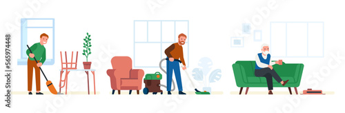 Evolution of cleaning devices. Man sweeping floor with broom in youth. Senior housekeeping by vacuum or robot cleaner. Cleanup technology development. Appliance progress. Vector concept