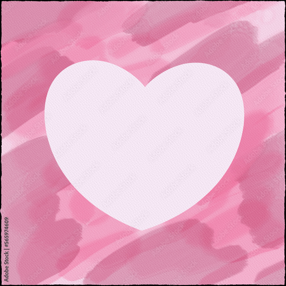 Ilustración digital tipo acuarela de corazón con marco de pinceladas color rosa con textura de papel y espacio para lettering