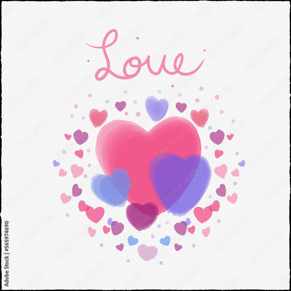 Ilustración digital tipo acuarela con fondo de textura de papel con corazones grandes y pequeños de color rosa, morado, azul y tinto, con la palabra love
