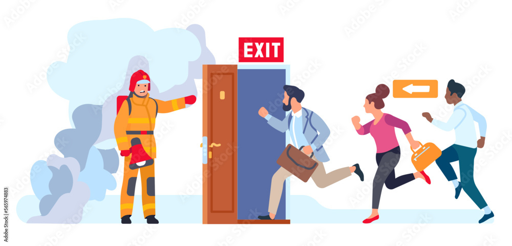Firefighter with megaphone announces fire alarm. Fireman supervises evacuation of people from building. Men and women leaving house through emergency door. Running persons. Vector concept Firefighter with megaphone announces fire alarm. Fireman supervises evacuation of people from building. Men and women leaving house through emergency door. Running persons. Vector concept
