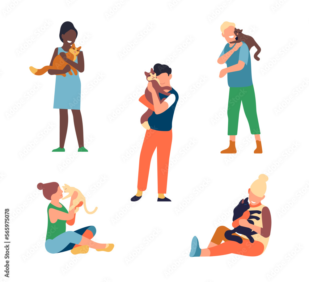 Happy men and women holding cute cats. People loves pets. Domestic animals, purebred kitty, girl