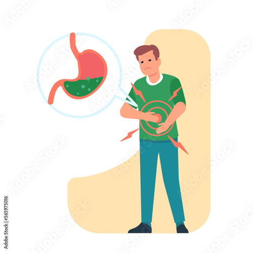 Guy holding stomach with his hands because of digestive problems and abdominal pains. Painful belly massage. Gastritis or indigestion. Medical symptom. Tummy disease. Vector concept