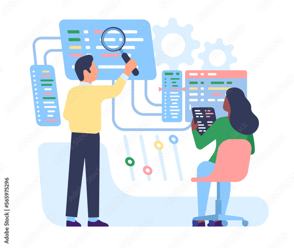 Male and female software testers. People testing application or website code. Programmers searching bugs. PC system correction. Computer programming and network coding. Vector concept Male and female software testers. People testing application or website code. Programmers searching bugs. PC system correction. Computer programming and network coding. Vector concept