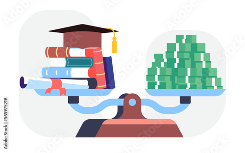 Loan for education. Knowledge or banknotes heap comparison. Money for education. Books and dollars pile on scale. Weight compare. Costs measure. Price of university study. Vector concept