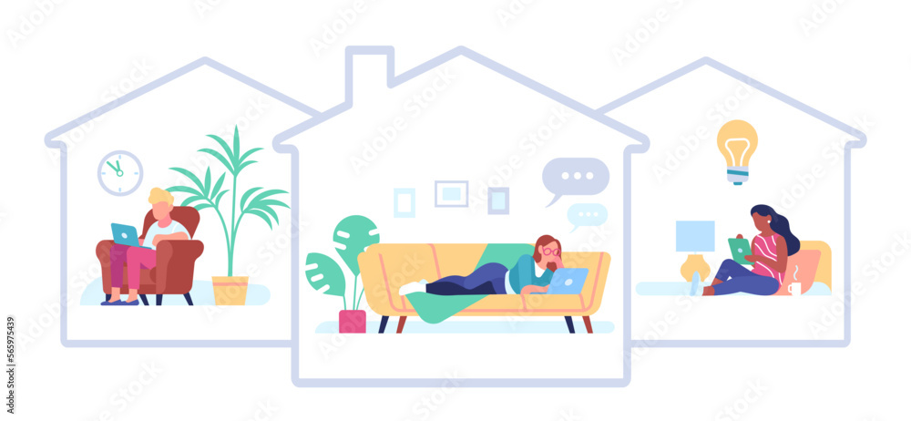 Men and women working from home. Online remote job. Freelancers domestic workplace. Workers sitting on couches with laptops. Self-employed persons. Freelance occupation. Vector concept