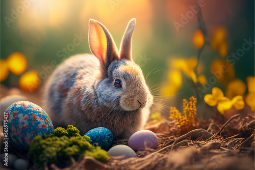 Easter eggs in basket with rabbit. Easter Bunny and colorful eggs generative ai illustration. Easter is a Christian holiday that celebrates the belief in the resurrection of Jesus Christ