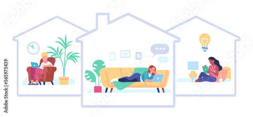 Men and women working from home. Online remote job. Freelancers domestic workplace. Workers sitting on couches with laptops. Self-employed persons. Freelance occupation. Vector concept