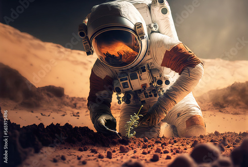 Fotografia Astronaut growing plant, agriculture and farming on alien planet