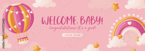 Baby shower invitation with hot air balloon, rainbow, stars, helium balloons and clouds on pink. Lettering It's a girl. Hello baby celebration, holiday, event. Banner, flyer. Cartoon illustration
