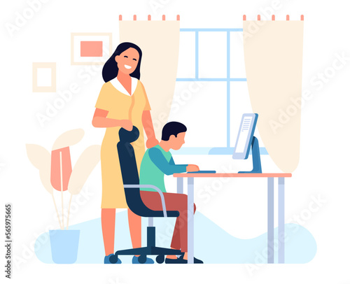 Mother helps her high school son do his homework. Kid sitting at desktop computer. College education. Boy studying at home. Family support. Mom and schoolchild learning. Vector concept