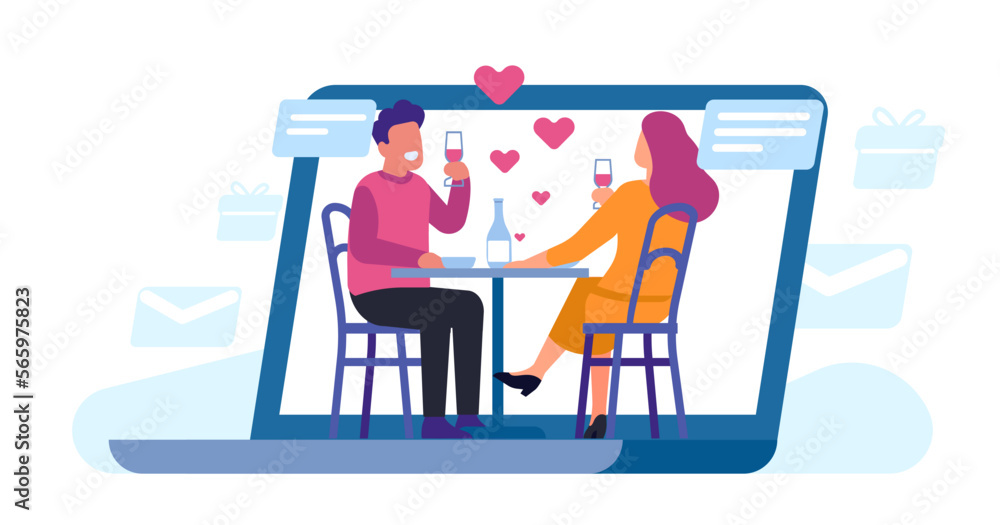 Online dating. Woman meets man for good time. Internet romantic communication. Happy couple chatting by laptop. Distance love and romance. People drink wine at table. Vector concept