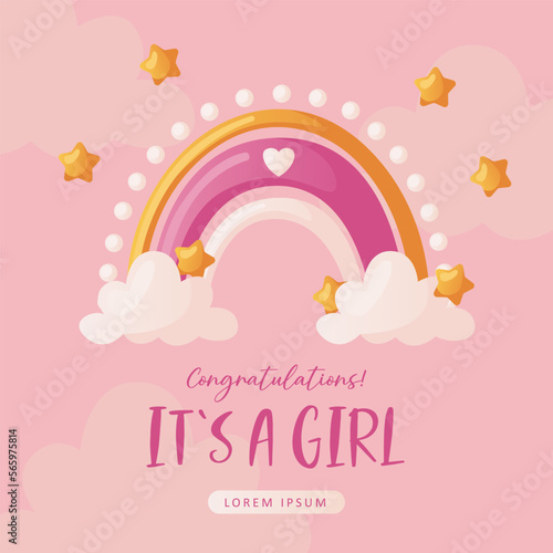 Baby shower invitation with boho rainbow, stars, and clouds on pink. Lettering It's a girl. Hello baby celebration, holiday, event. Banner, flyer. Cartoon illustration © roroiisha
