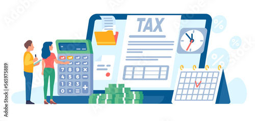 Online tax payment. People filling out duty forms. Persons use internet service for money pay. Financial account. Calculator and laptop. Banknotes heap. Credit deadline. Vector concept