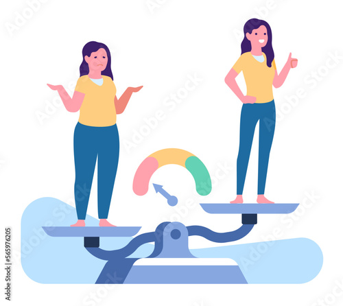 Sad fat and happy woman with slim body. Female standing on scales. Weight measure. Body mass control. Diet or fitness. Girls obesity. Weighing balance. Lady slimming. Vector concept