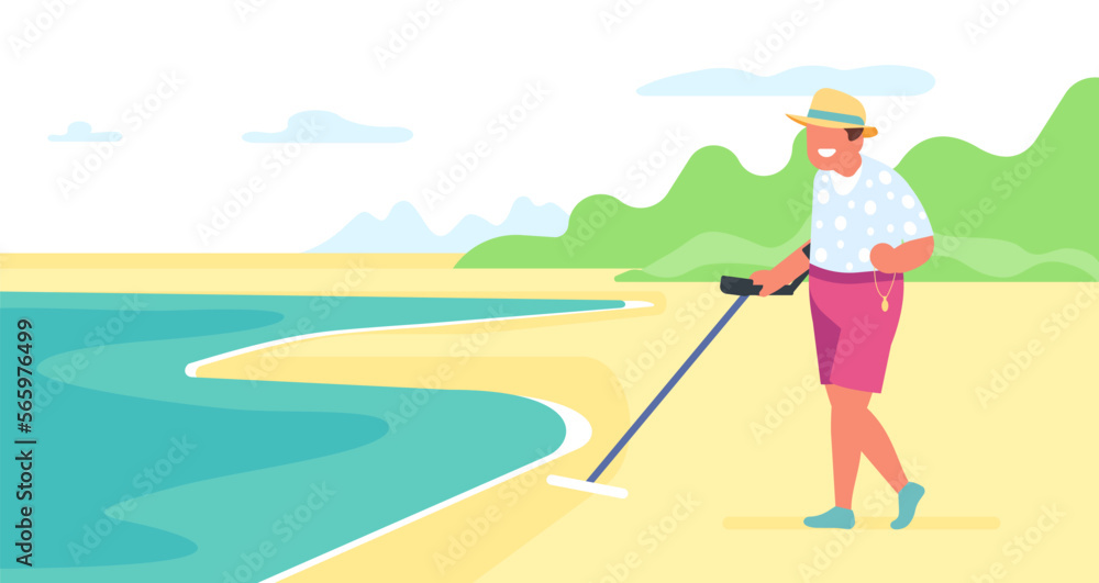 Treasure hunter with metal detector on sandy seashore. Person finding gold by detecting tool. Coastline beach. Antiquity searching. Outdoor hobby. Man walking on sand. Vector concept