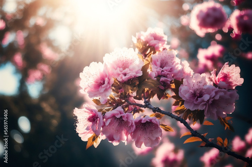Photo of pink sakura blossom on a sunny day. Cherry flowers. Generative AI © A.Chyzhevskyi