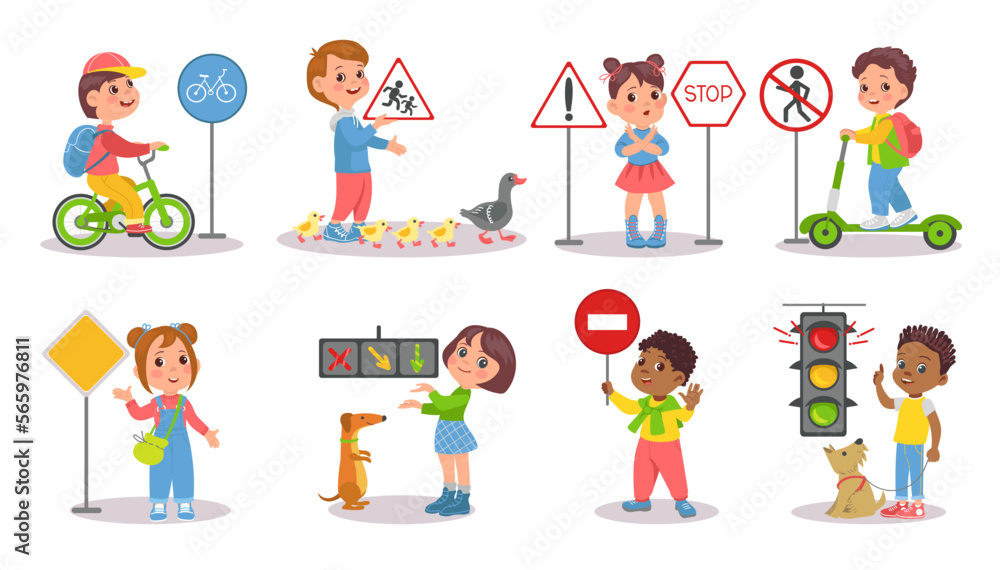 Young students learn traffic rules. Children hold or point to road signs. Safety road crossing and bike riding. Girl or boy pedestrians. Transportation regulation. Splendid vector set