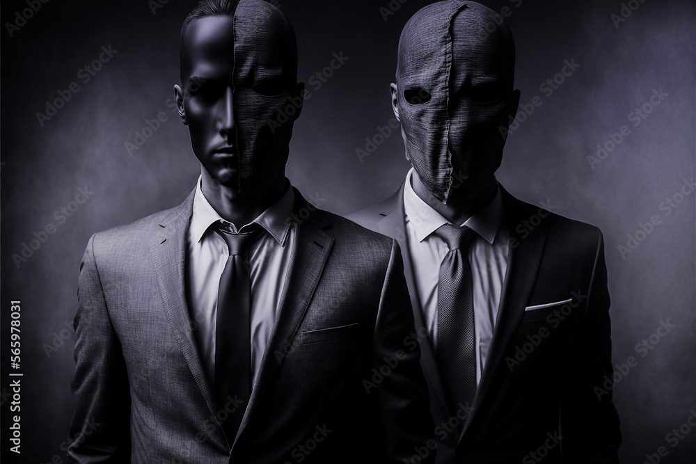 Hommes en costumes portant un masque - Générative IA - obrazy, fototapety, plakaty 