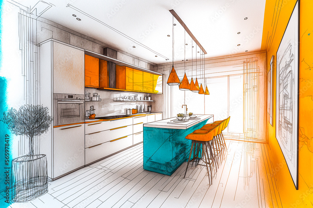 Dessin d'une cuisine moderne avec un ilot central - Générative IA Stock  Illustration