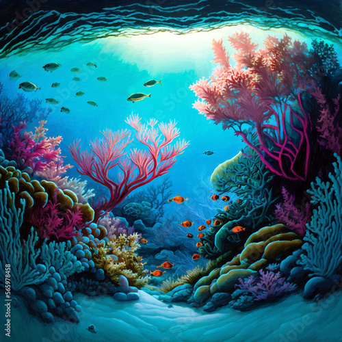 beautiful painting art of  coral reef sea life view - new quality universal colorful joyful holiday nature artistic stock image illustration design 