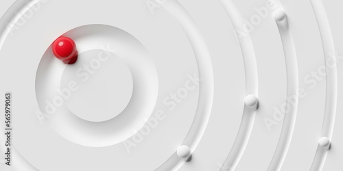 Foto One red sphere or ball and many smaller white balls or spheres in concentric cir