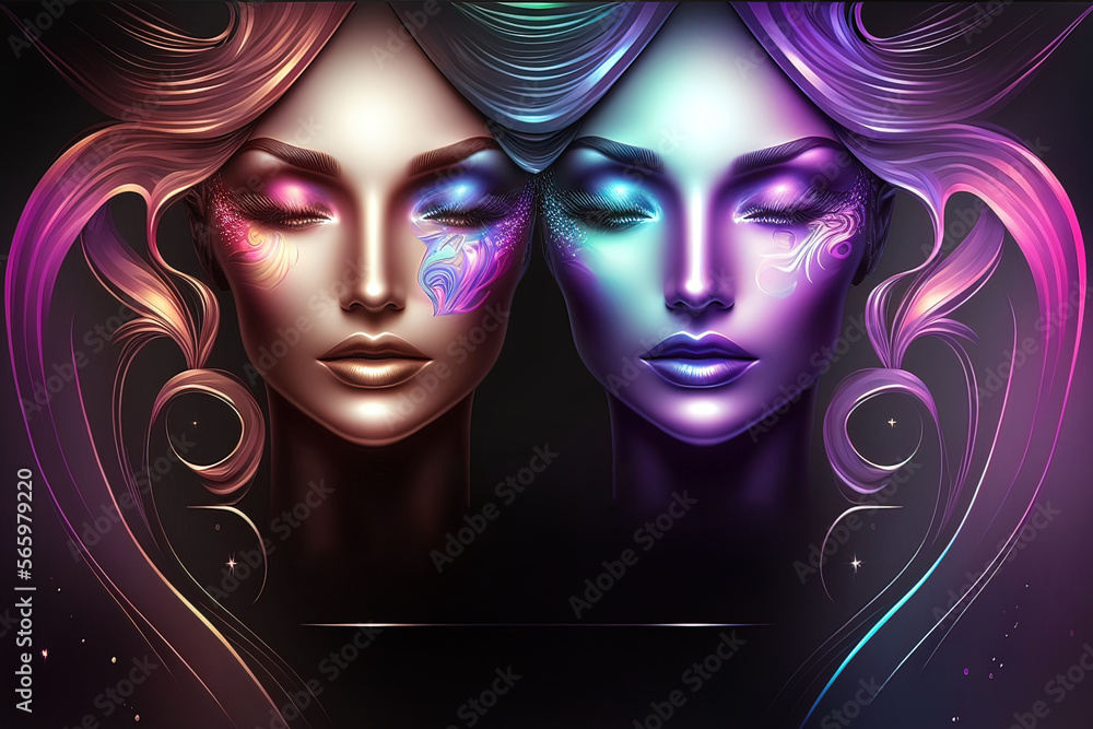 Background for beauty, make-up and cosmetic care. Cosmetics blank on wavy skin tone background. Blank banner holographic, neon, multicolor Promo design for beauty salon blog. AI