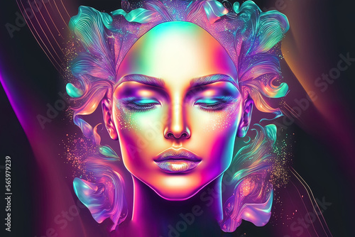 Background for beauty  make-up and cosmetic care. Cosmetics blank on wavy skin tone background. Blank banner holographic  neon  multicolor Promo design for beauty salon blog. AI