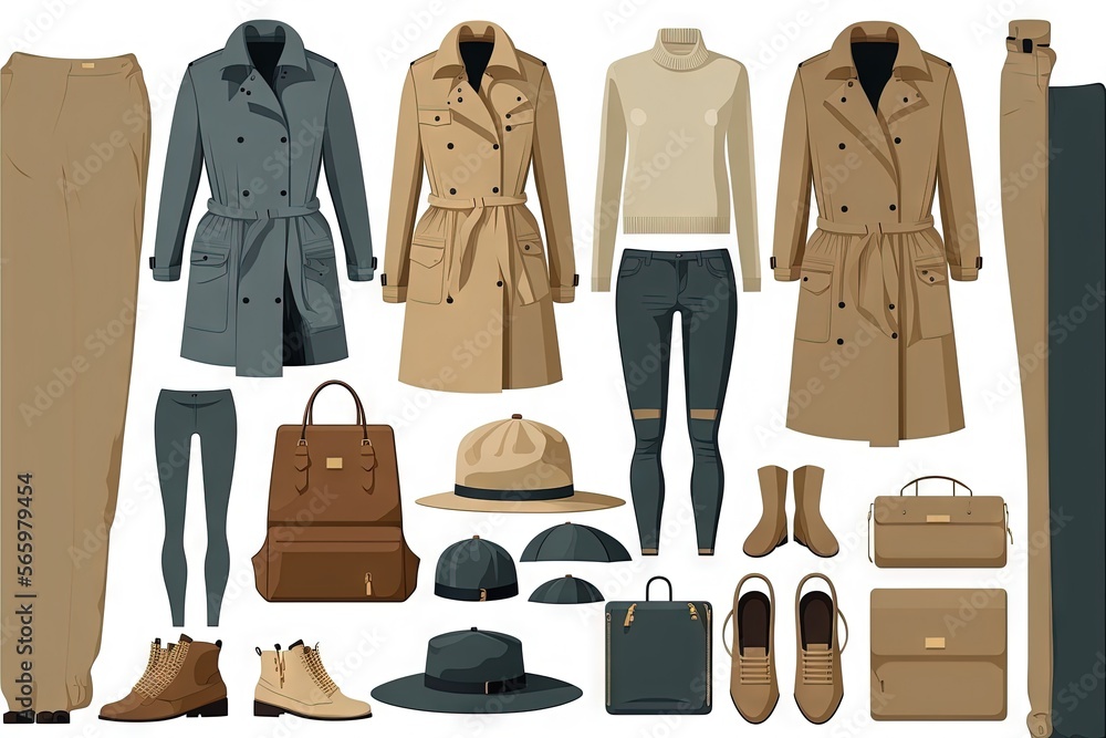 Naklejka premium a set of clothing and accessories for a woman in a trench coat, hat, boots, and purses, all in different colors. generative ai