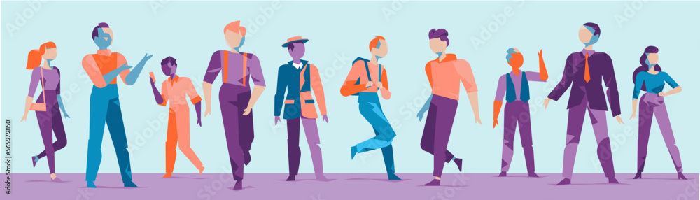 Scena orizzontale di un gruppo di persone stilizzate di diverse classi sociali vestite con vari colori. Community di uomini e donne con personalità e stili diversi. Scena orizzontale di un gruppo di persone stilizzate di diverse classi sociali vestite con vari colori. Community di uomini e donne con personalità e stili diversi.