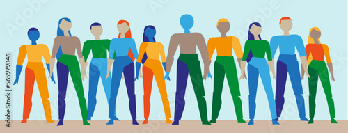 Scena orizzontale di un gruppo di persone stilizzate di diverse classi sociali vestite con vari colori. Community di uomini e donne con personalità e stili diversi. photo