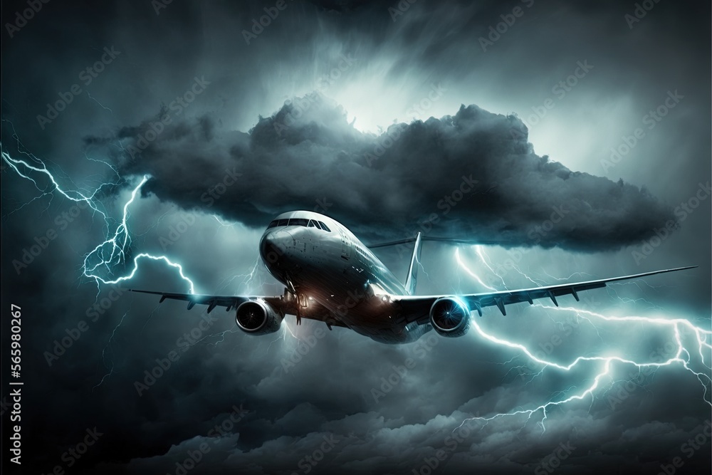 a plane flying through a cloudy sky with a lightning bolt in the sky ...